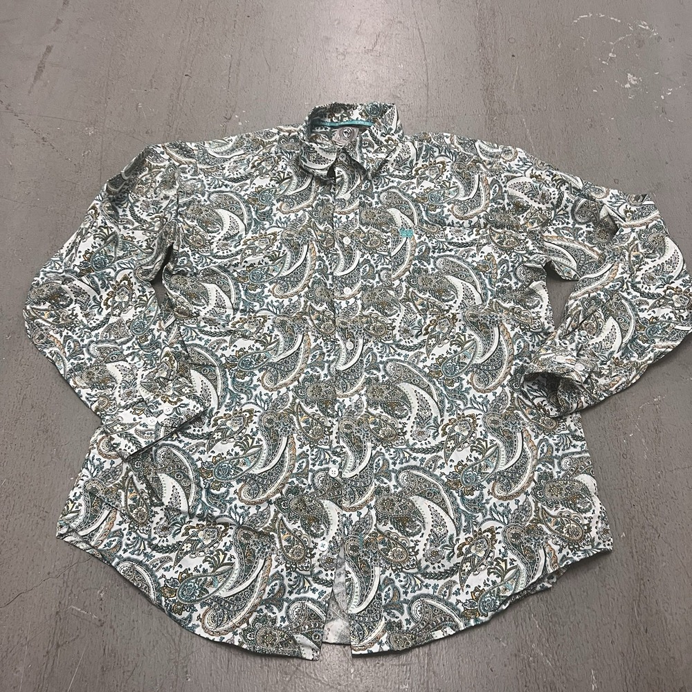 Cinch Men's Western Button Up Shirt Size L Paisley Print Teal Gold‎ Long Sleeve